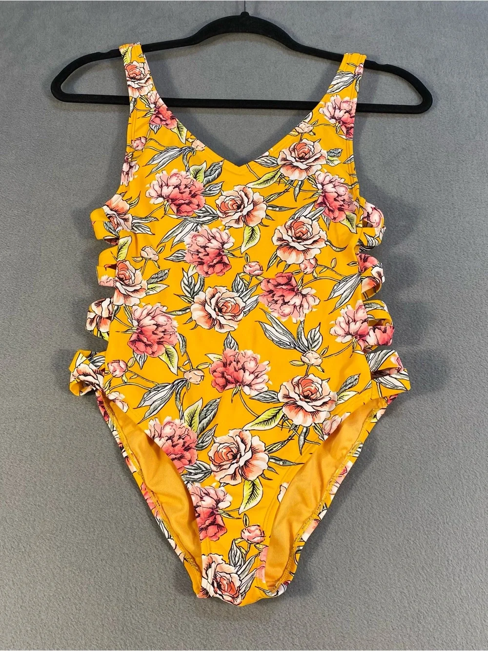 Xhilaration Juniors Yellow & Pink Floral One-Piece Swimsuit w/side crisscross